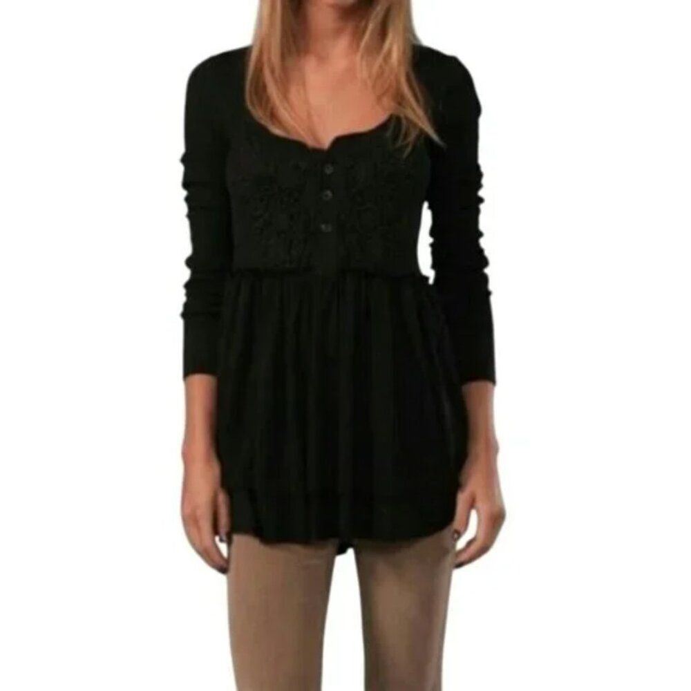 RARE Free People Black Babydoll Henley Waffle Thermal Top - Crochet detail - XS - Picture 3 of 8